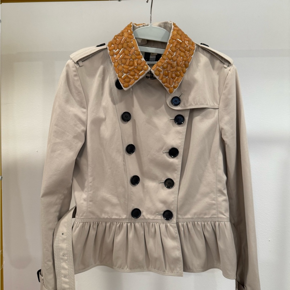 Burberry Beige Peplum Coat with Jeweled Detachable Collar